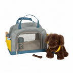 Perro con transportín y set de cuidados