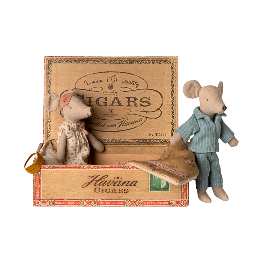 Mama y papa ratón en caja de cigarros